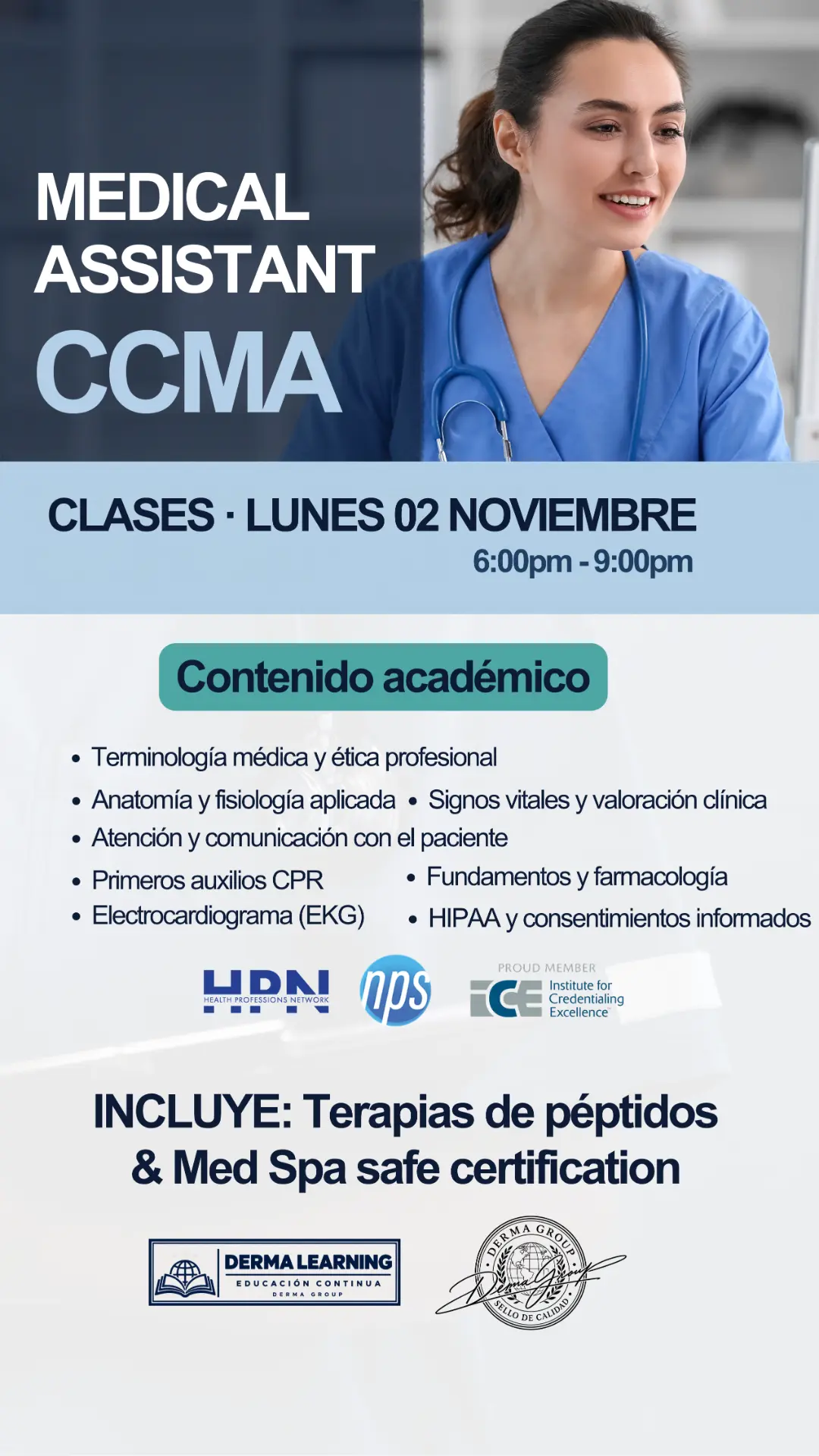 Medical Assistant CCMA: clases el lunes 2 de noviembre de 6:00 p. m. a 9:00 p. m., contenido académico y certificaciones incluidas