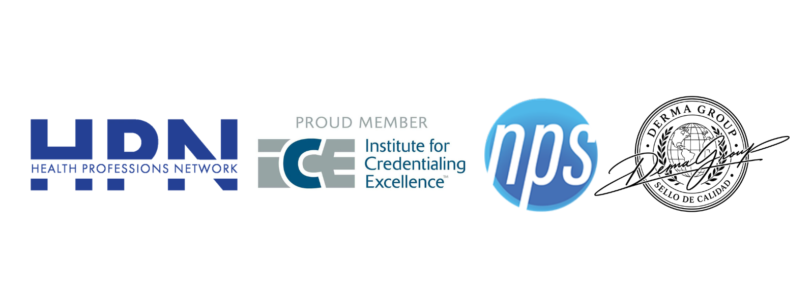 Logos de proveedor: HPN Health Professions Network, ICE Institute for Credentialing Excellence, NPS y Sello de Calidad Derma Group