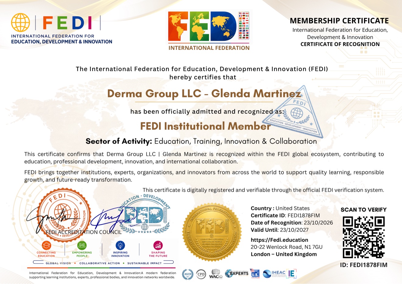 Certificado de Miembro Institucional FEDI otorgado a Derma Group LLC — Glenda Martinez